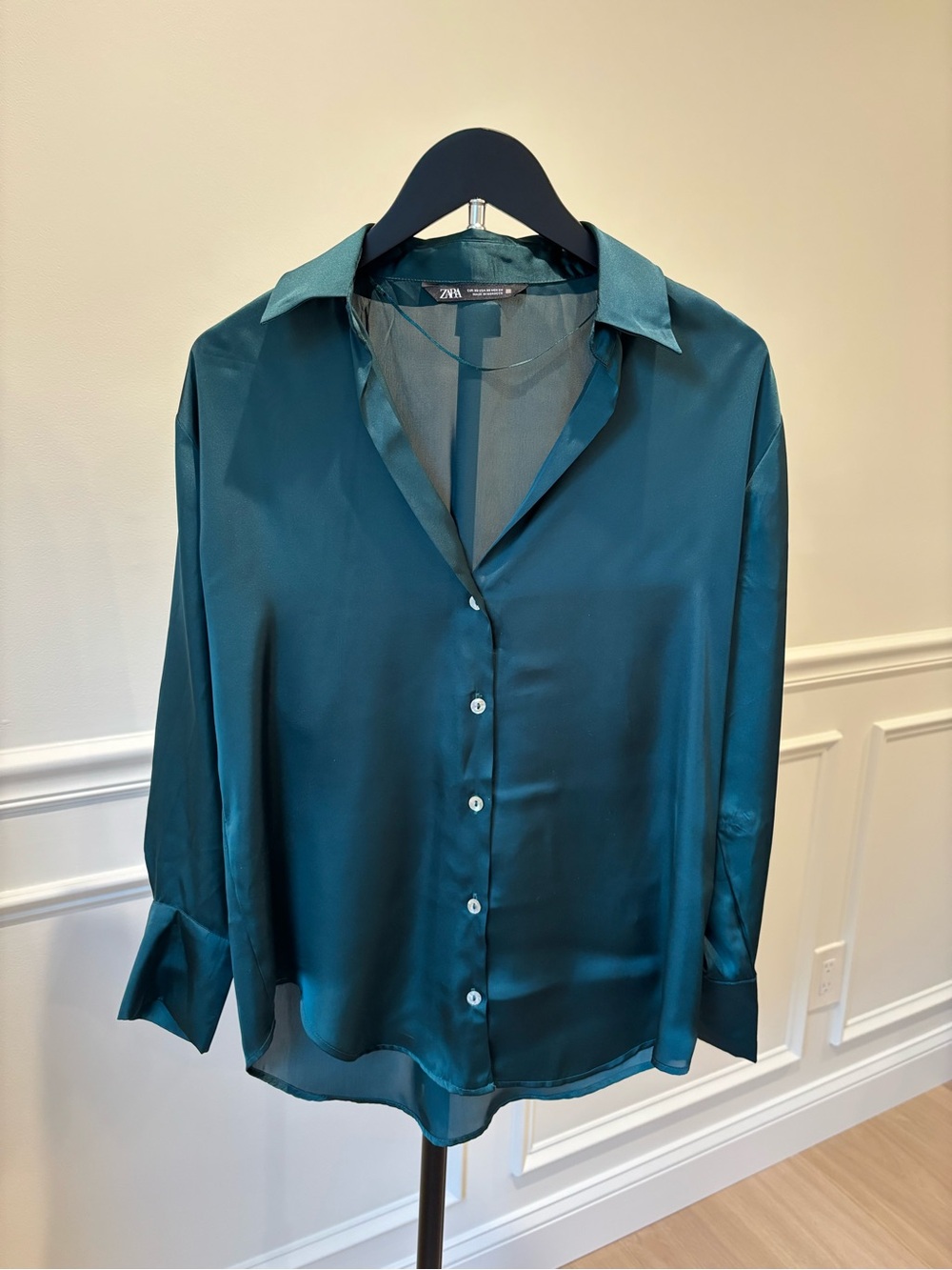 Zara Teal Satin Button-Up Blouse